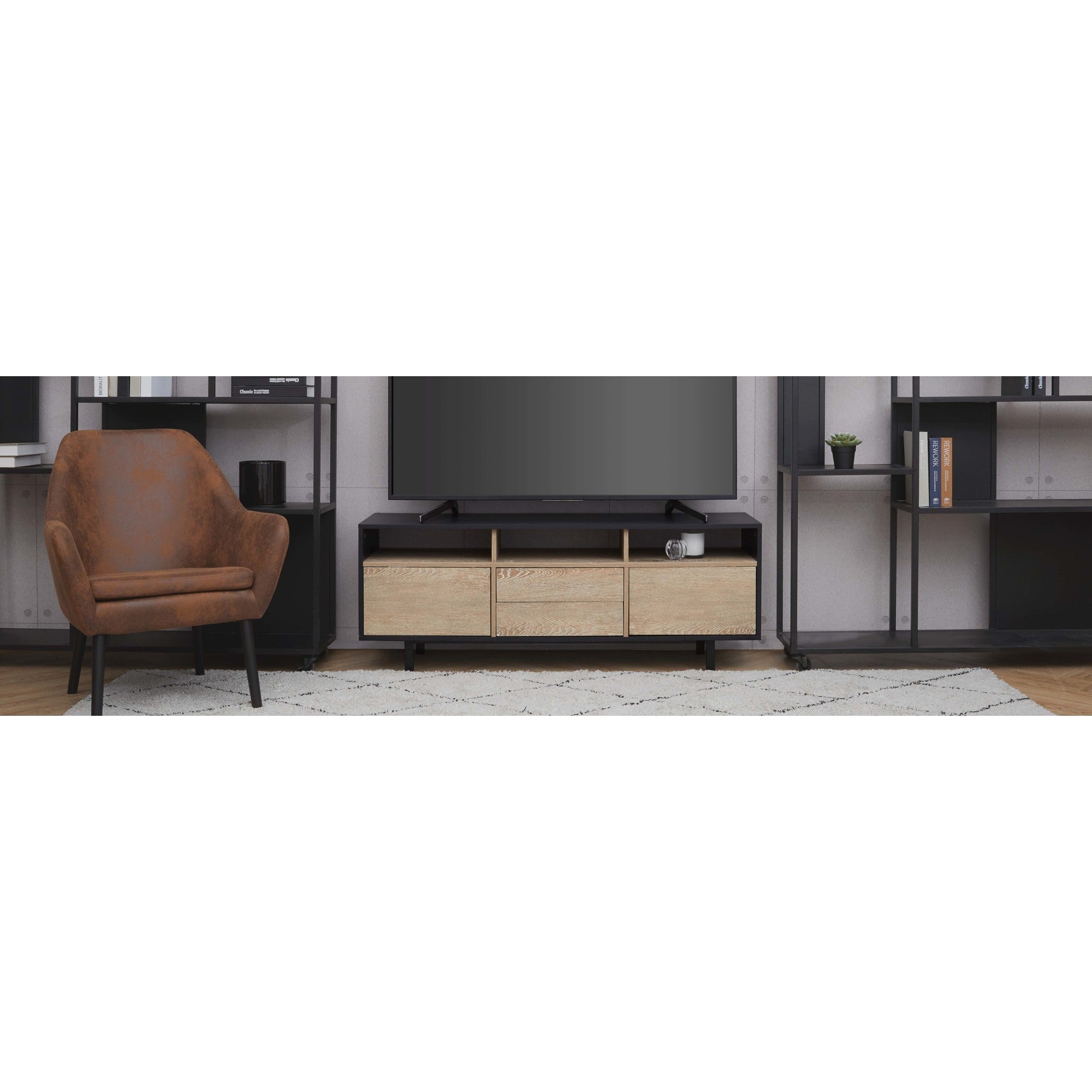 Teamson Home Bryson TV Stand for Flat Screen TVs up to 65” with 2 Doors, 3 Open Shelves, & 2 Drawer Storage, Black/Rustic Oak