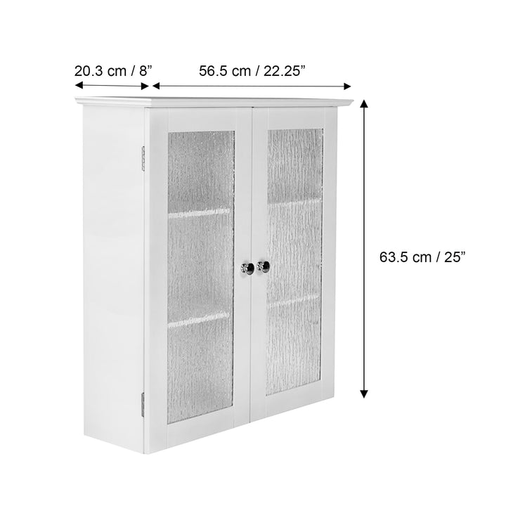 Teamson Home White Connor Removable Wall Cabinet with Water-Textured Glass with dimensions in centimeters and inches