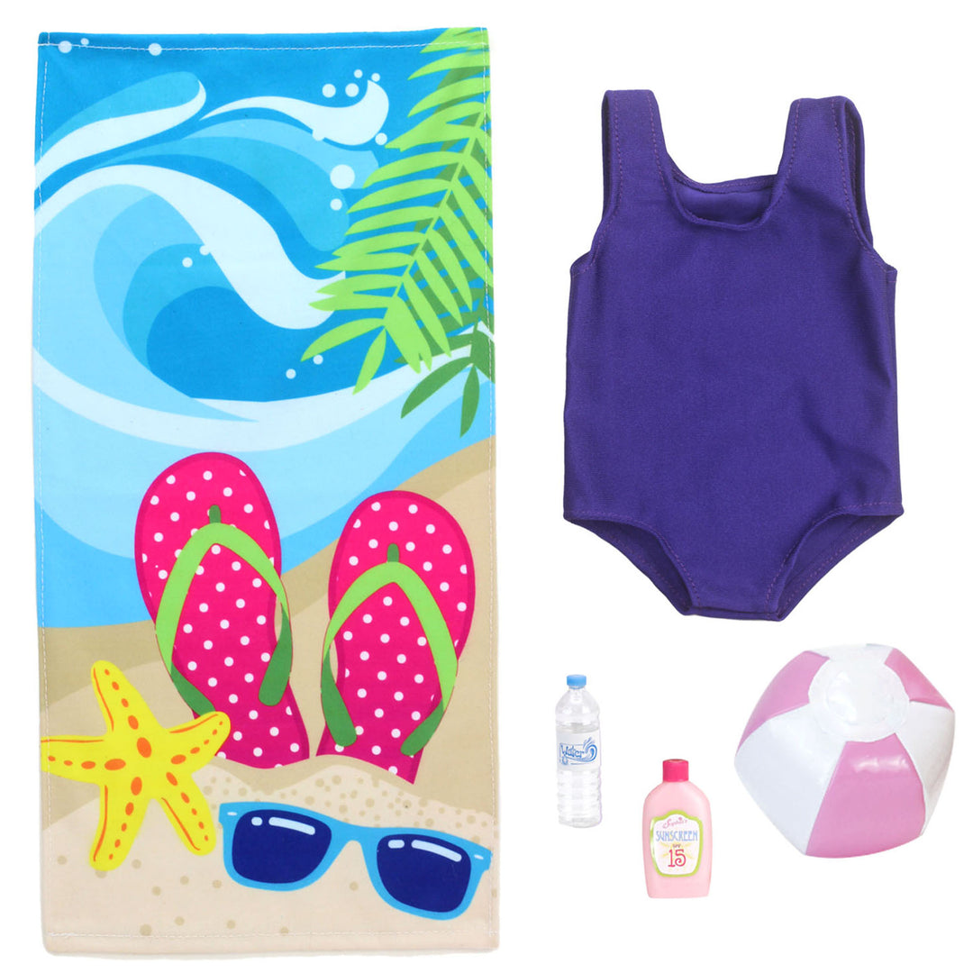 Sophia’s Beach Day Play Set with Bathing Suit, Towel, Water Bottle, Sunscreen, & Inflatable Beach Ball for 18” Dolls