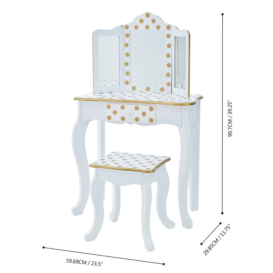 The dimensions in inches and centimeters of the Gisele Polka Dot Vanity Playset in white and gold with a stool.