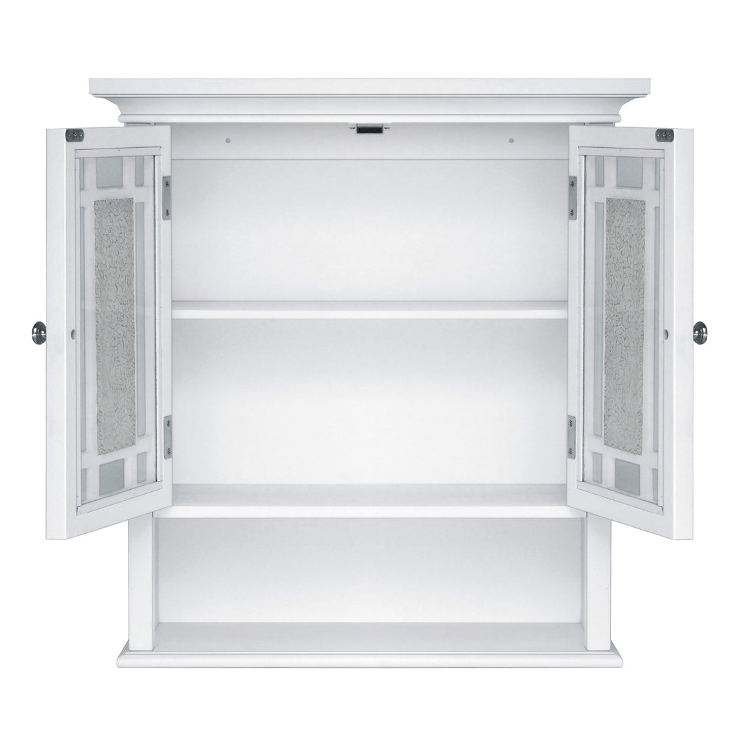 Teamson Home White Windsor Removable Wall Cabinet with Glass Mosaic Doors with the cabinet doors open to reveal an internal shelf