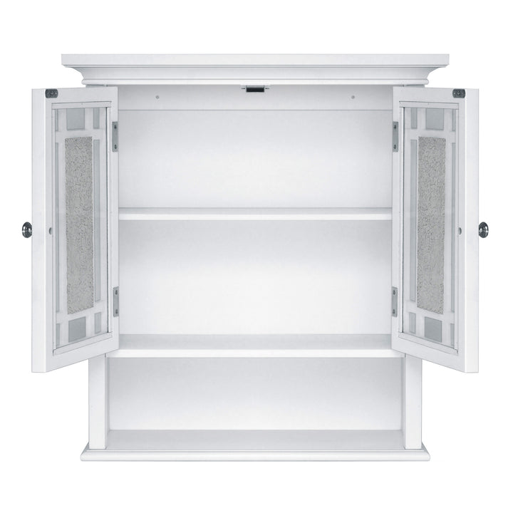 Teamson Home White Windsor Removable Wall Cabinet with Glass Mosaic Doors with the cabinet doors open to reveal an internal shelf