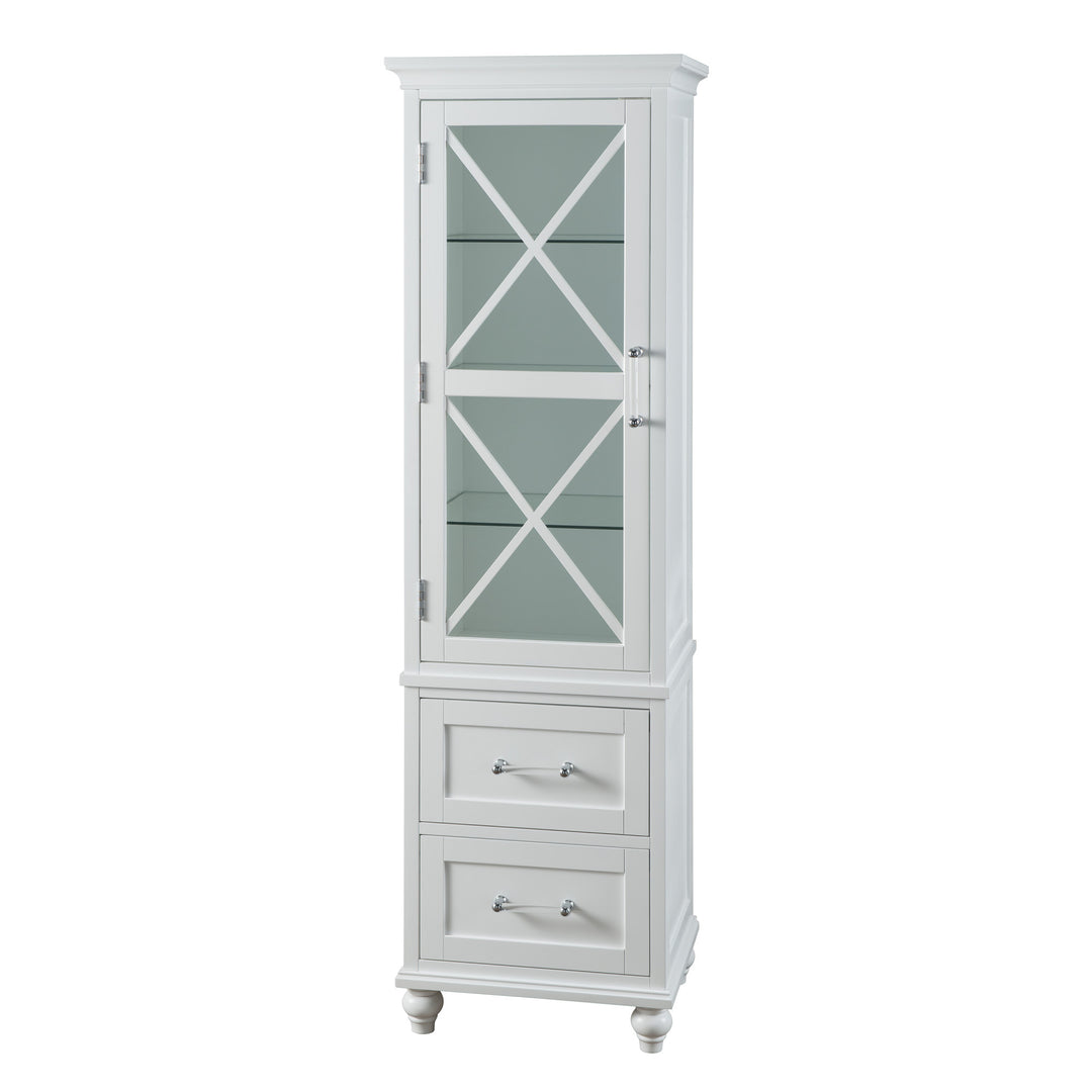 Teamson Home Blue Ridge Wooden Linen Tower Cabinet with Adjustable Shelves, White with glass doors and two lower drawers.