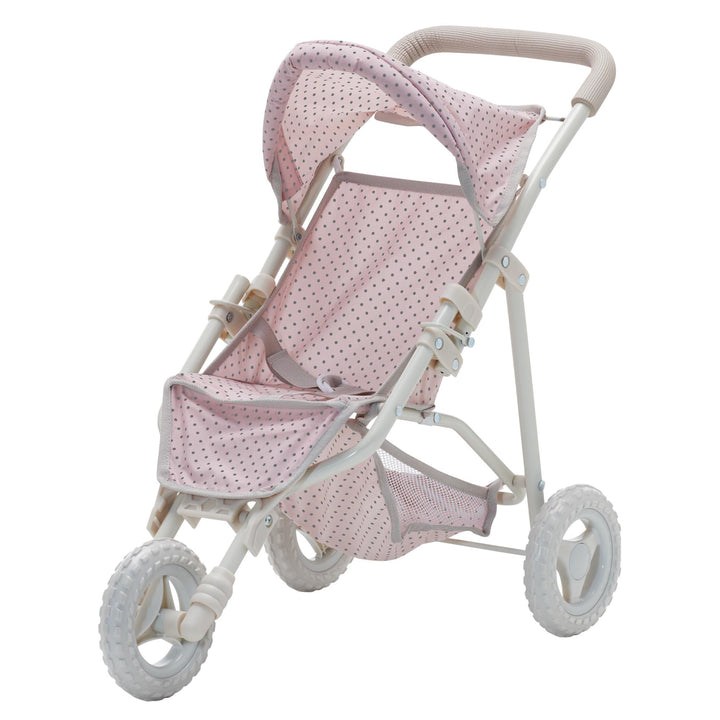 A pink with gray polka dots and white metal frame baby doll jogging stroller.