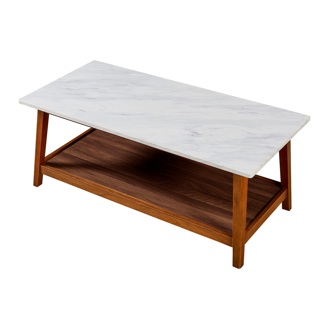 A Teamson Home Kingston Wooden Coffee Table with Storage and a faux marble top.
