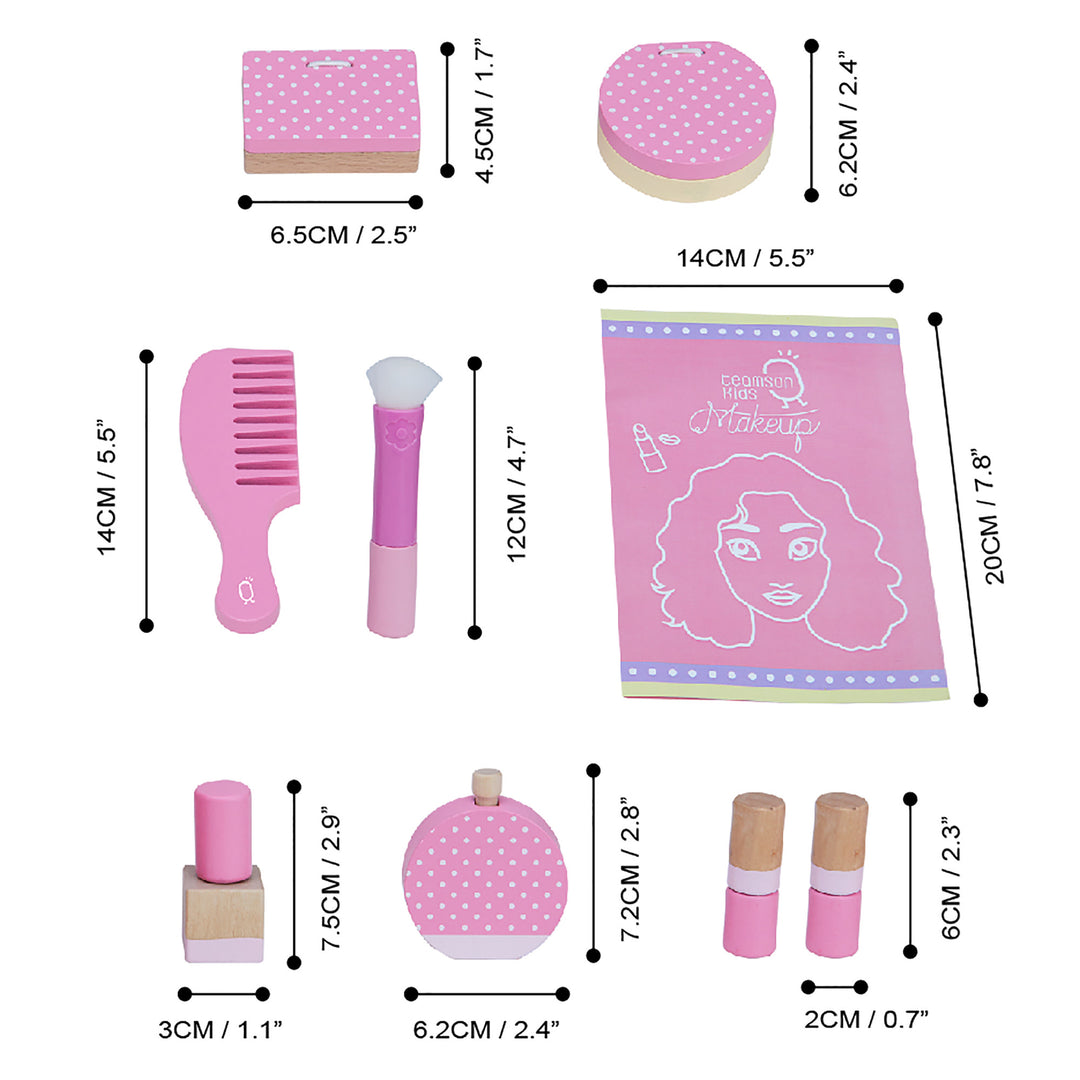 Dimensions in inches and centimeters of Pretend eyeshadow pallette, compact, comb, makeup brush, booklet, nailpolish, perfume, and two lipsticks.