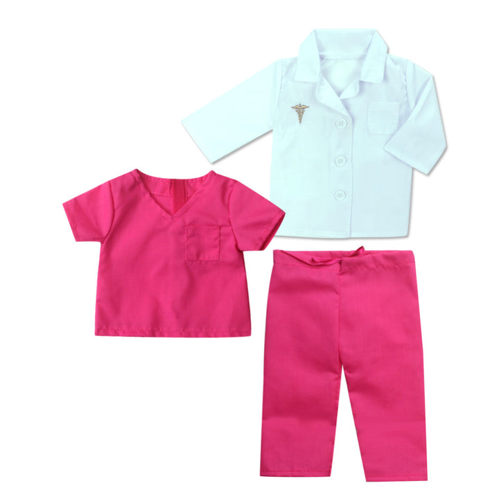 Pink scrubs and a white lab coat for an 18" doll.