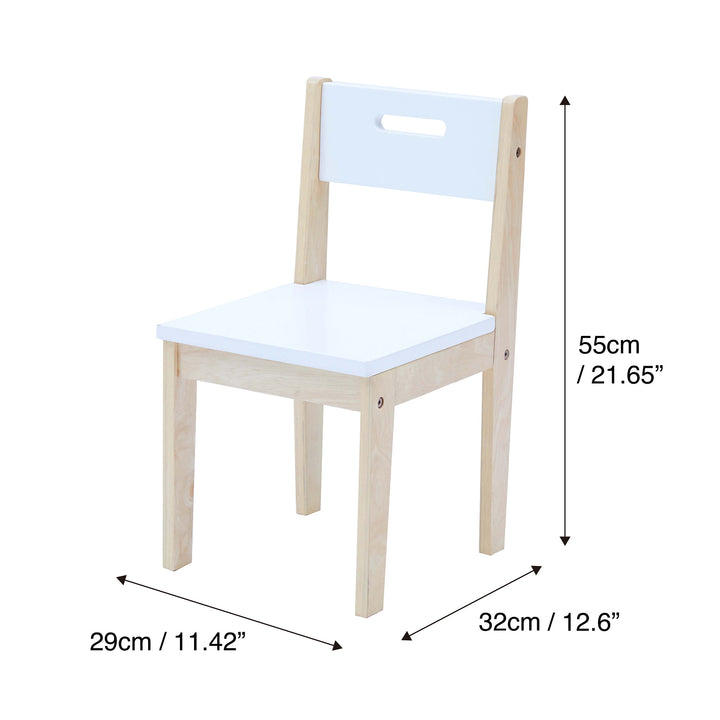 Dimensions of a child-sized chair in centimeters and inches.