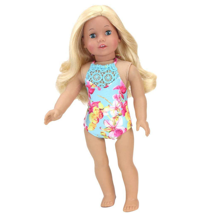 A blonde 18" doll with blue eyes in a blue floral swimsuit.
