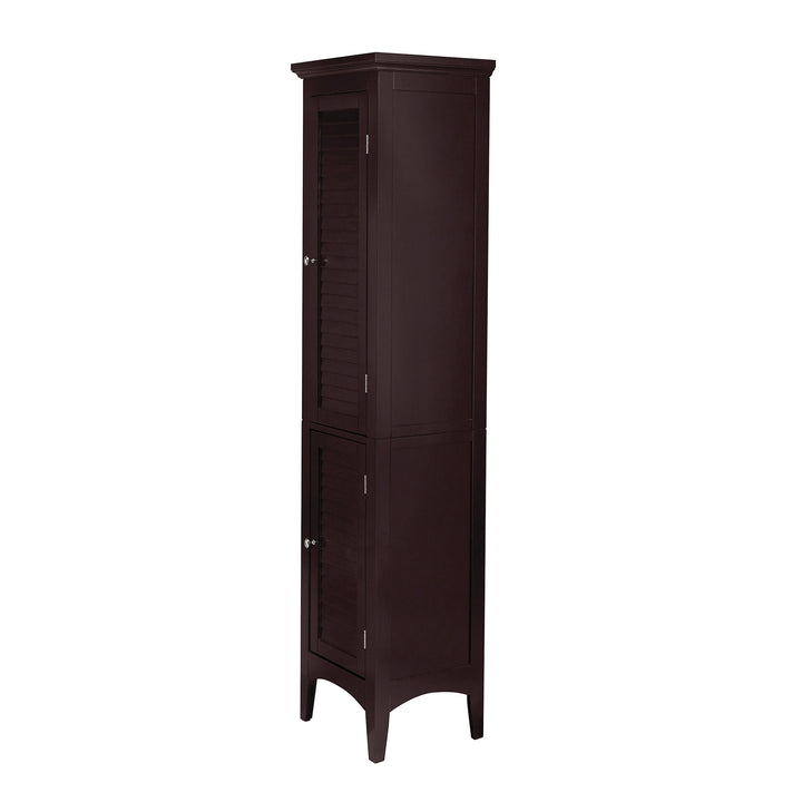 A view from the side A Dark Brown Teamson Home Glancy Linen Cabinet with louvred doors