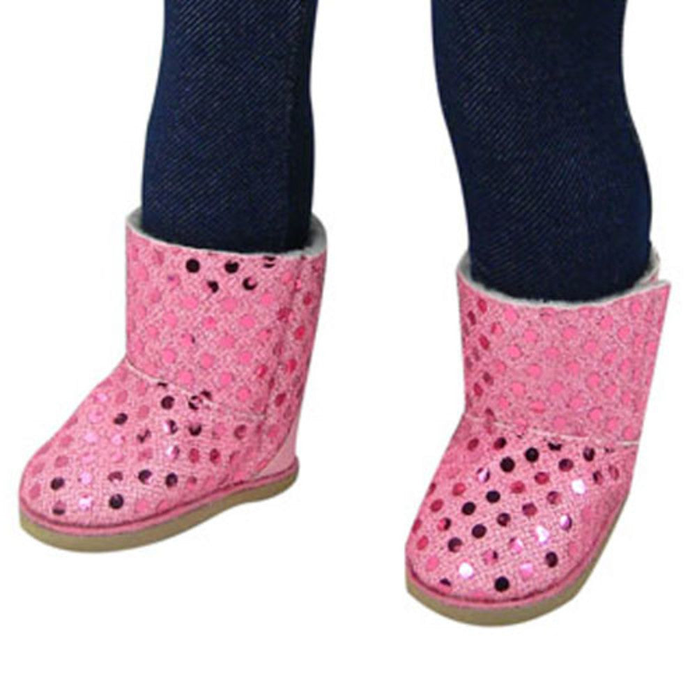 Sophia’s Sparkly Sequin Ewe Boots with White Fleece Lining for 18” Dolls, Pink