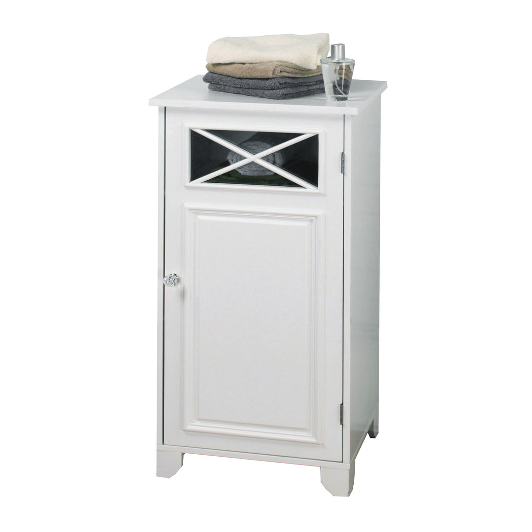 Teamson Home Dawson Floor Cabinet, White with a towel visible inside through the window and towels on top