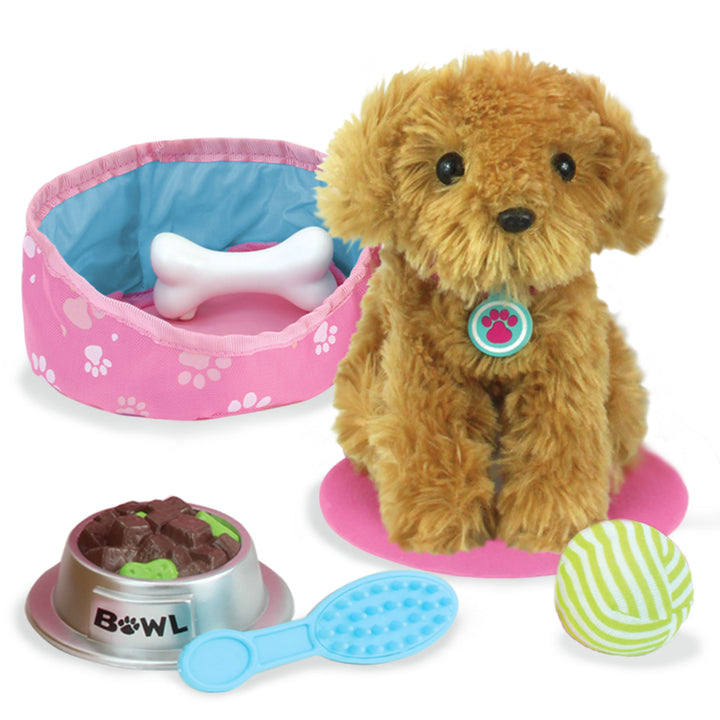 A brown teddy bear with a pink bow, Sophia's Plush Puppy and Accessories Set for 18" Dolls, and a toy dog form a pretend play set.