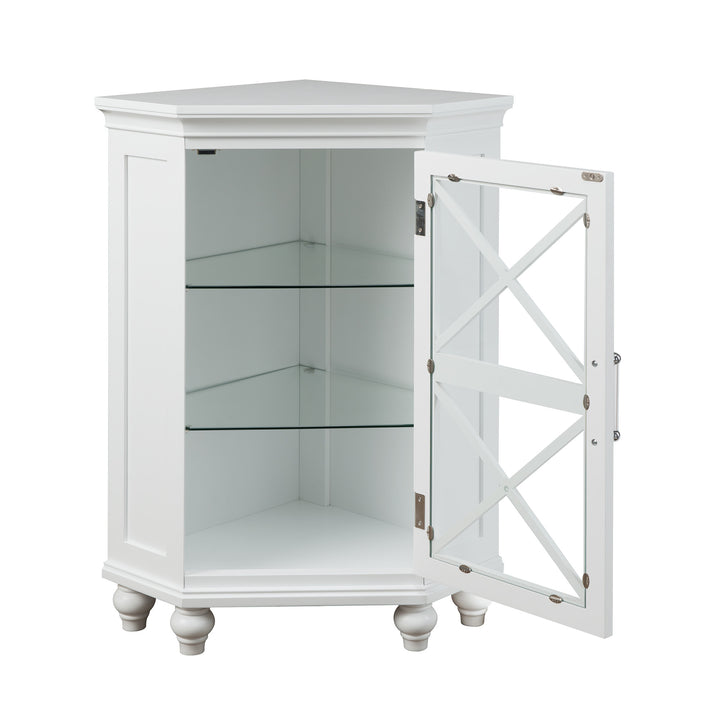 White Teamson Home Blue Ridge Corner Floor Cabinet with the door open and the adjustable glass shelves on display