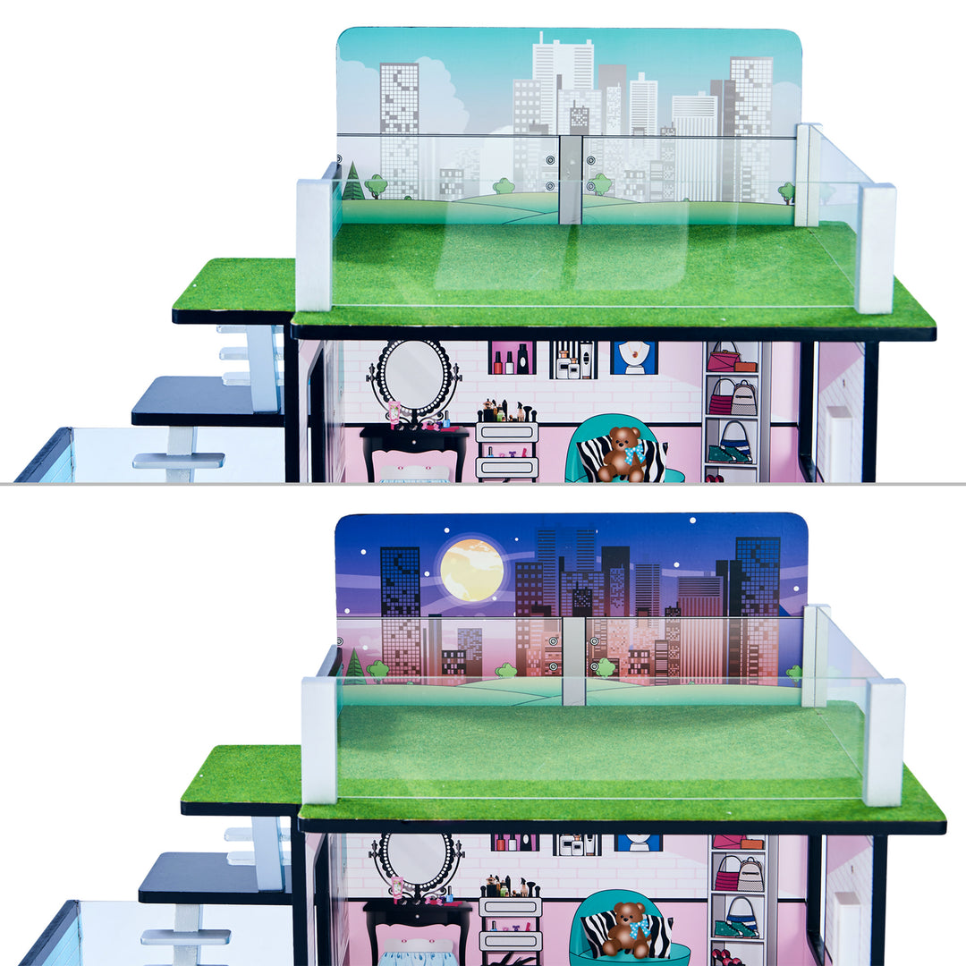 Two pictures of the convertible skyline panel for the rooftop balcony - day and night.