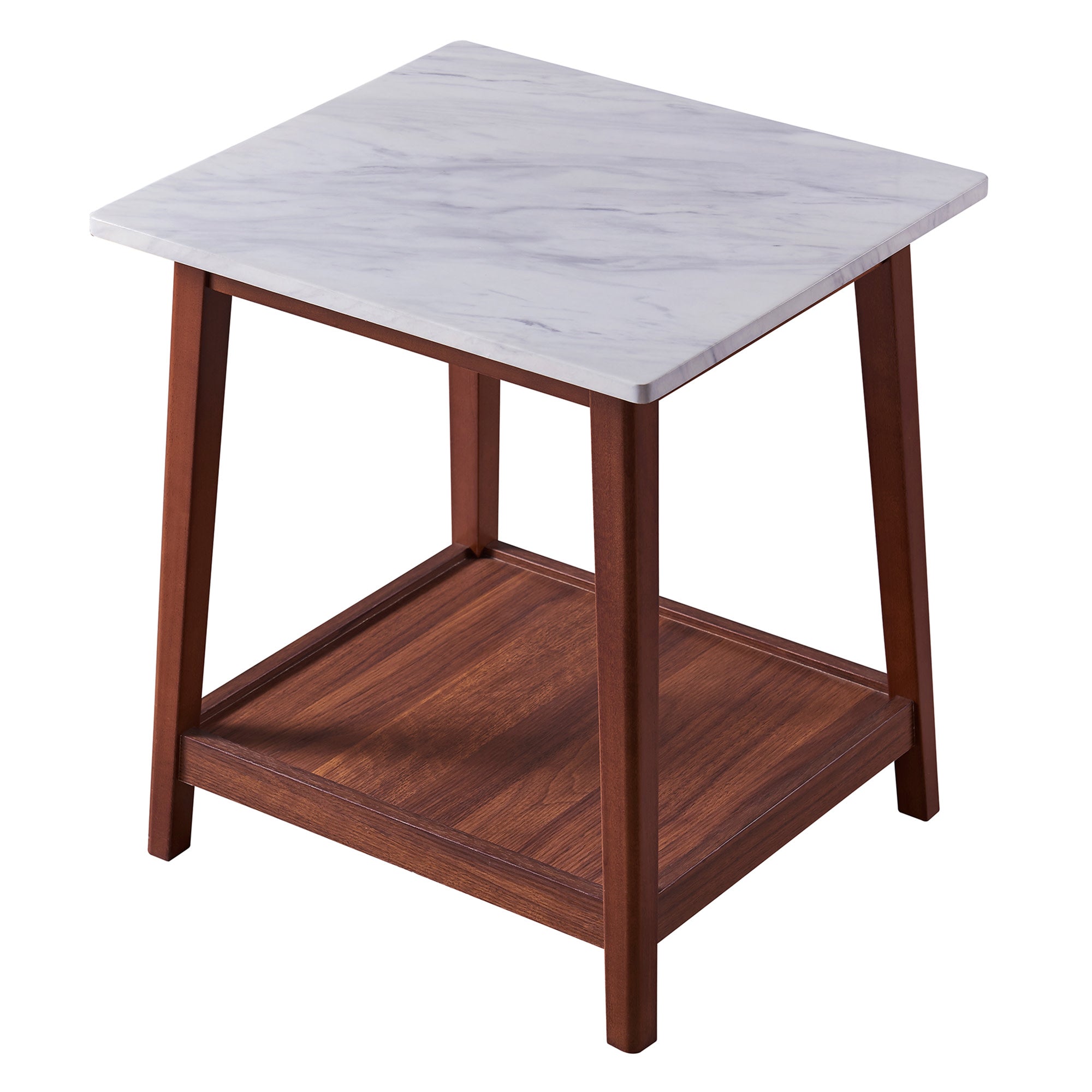 Teamson Home Kingston Wooden Side Table with Square Faux Marble Top & Open Bottom Shelf, White/Walnut