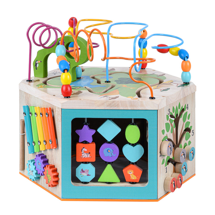 Colorful Teamson Kids Preschool Play Lab 7-in-1 Large Wooden Activity Station with bead mazes, gears, and shape sorters for children's learning and play.