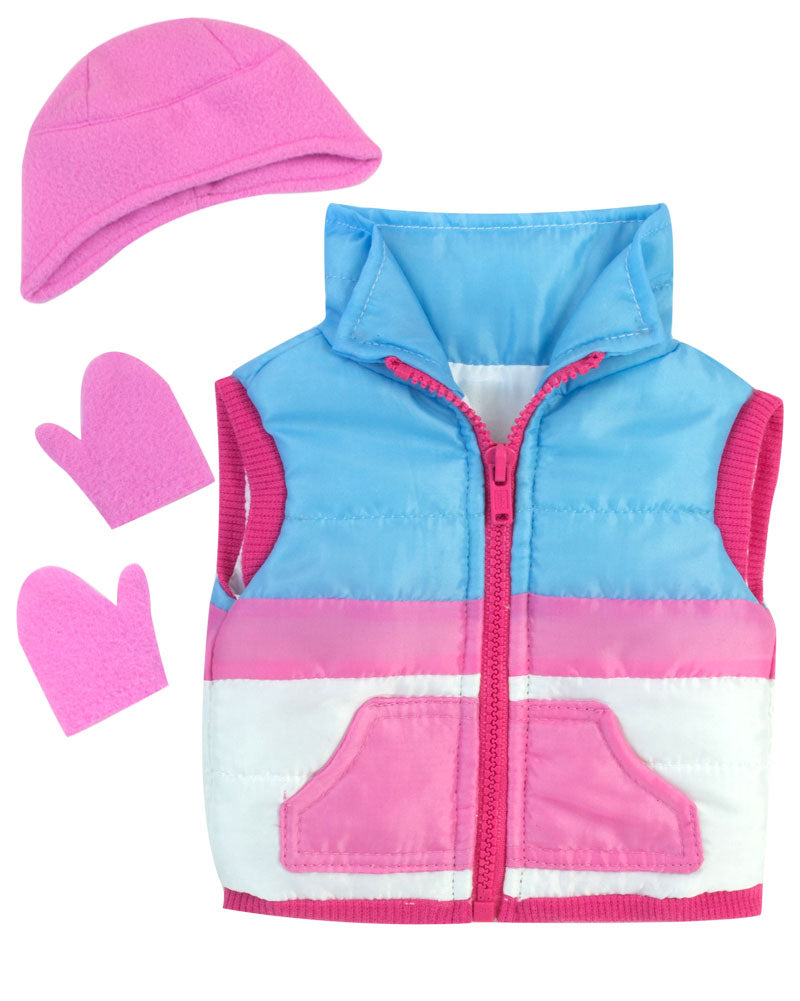 A pink fleece hat and gloves with a blue and pink ski vest that zips for 18" dolls.