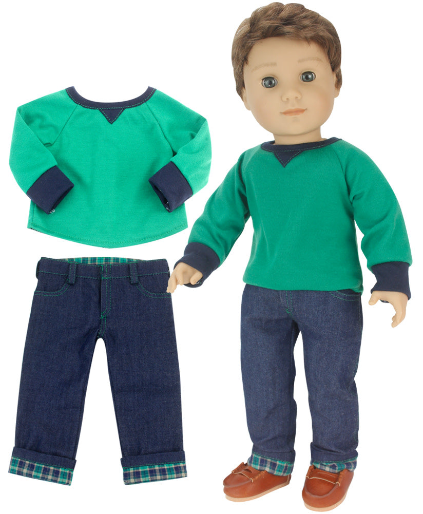 Sophia's - 18" Doll - Shirt, Flannel Cuffed Jeans & Brown Penny Loafers - Green