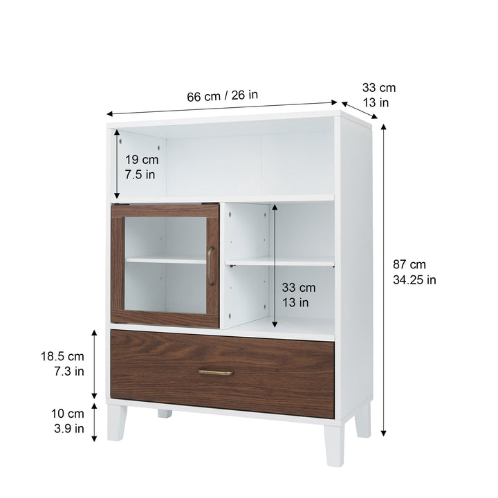 Dimensions inside and outside of the Tyler Floor Storage Cabinet in inches and centimeters, in white and walnut