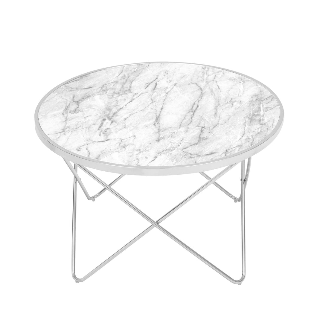 A view of the faux marble table top complements the chrome framework.