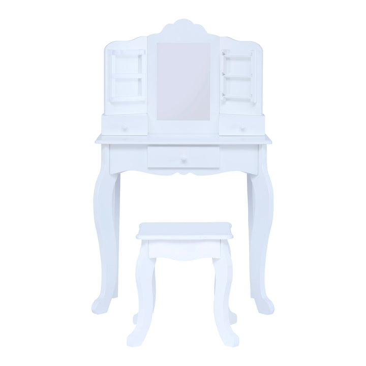 A white Fantasy Fields Little Princess Anna Vanity Set with Mirror, Drawers, Jewelry Storage, and Stool.