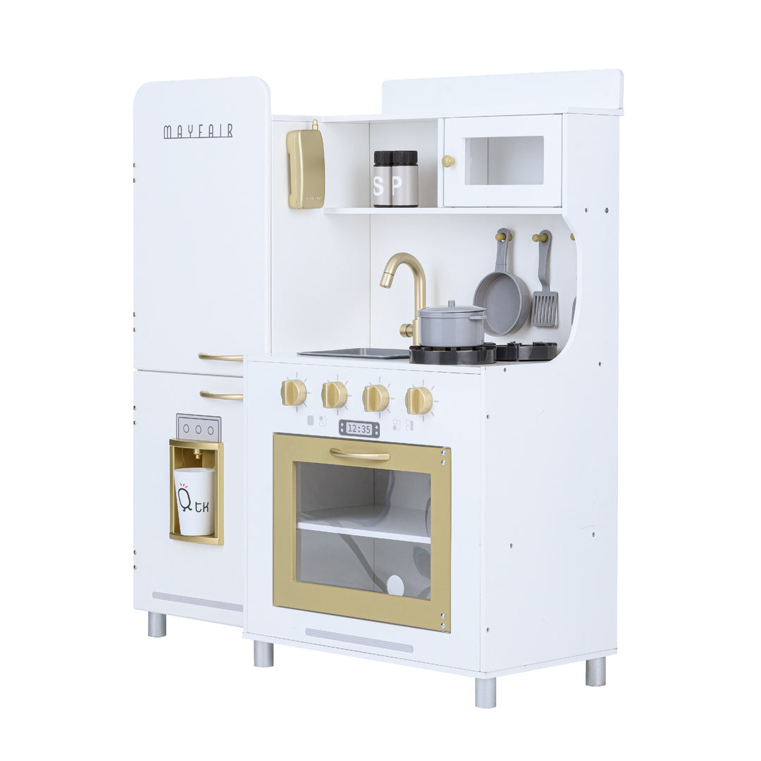 A Teamson Kids Little Chef Mayfair Classic Kids Kitchen Playset with 11 Accessories, White/Gold for children with interactive features, including a stove, sink, and cupboard.