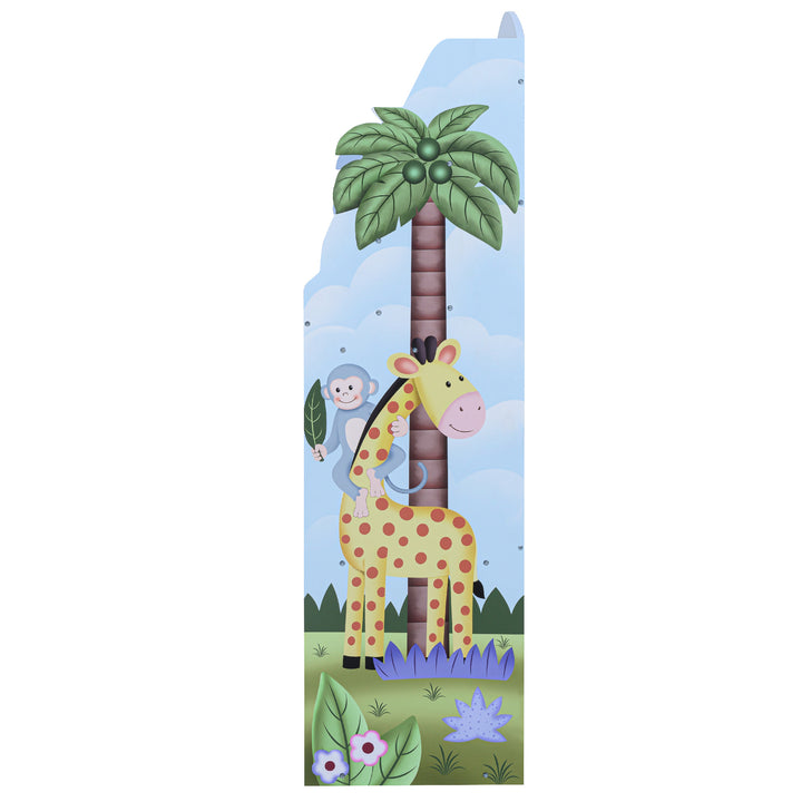 A giraffe with a monkey and a palm tree on a Fantasy Fields Sunny Safari Kids 3-Tier Wooden Bookshelf with Storage, Multicolor.