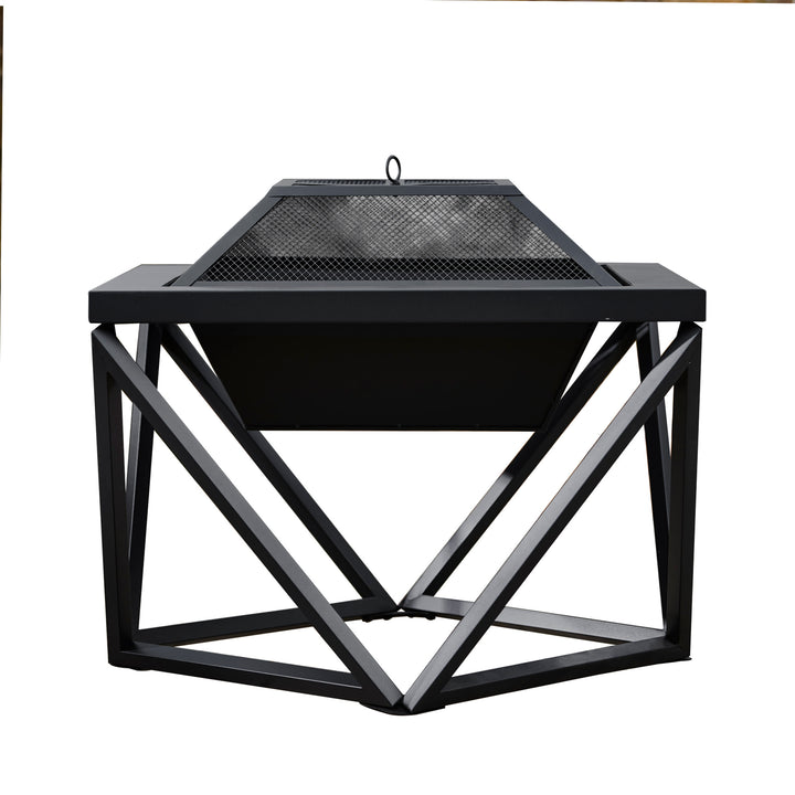 The geometric shape of the Teamson Home Outdoor 24" Wood Burning Fire Pit with Tabletop and Decorative Base, Black
