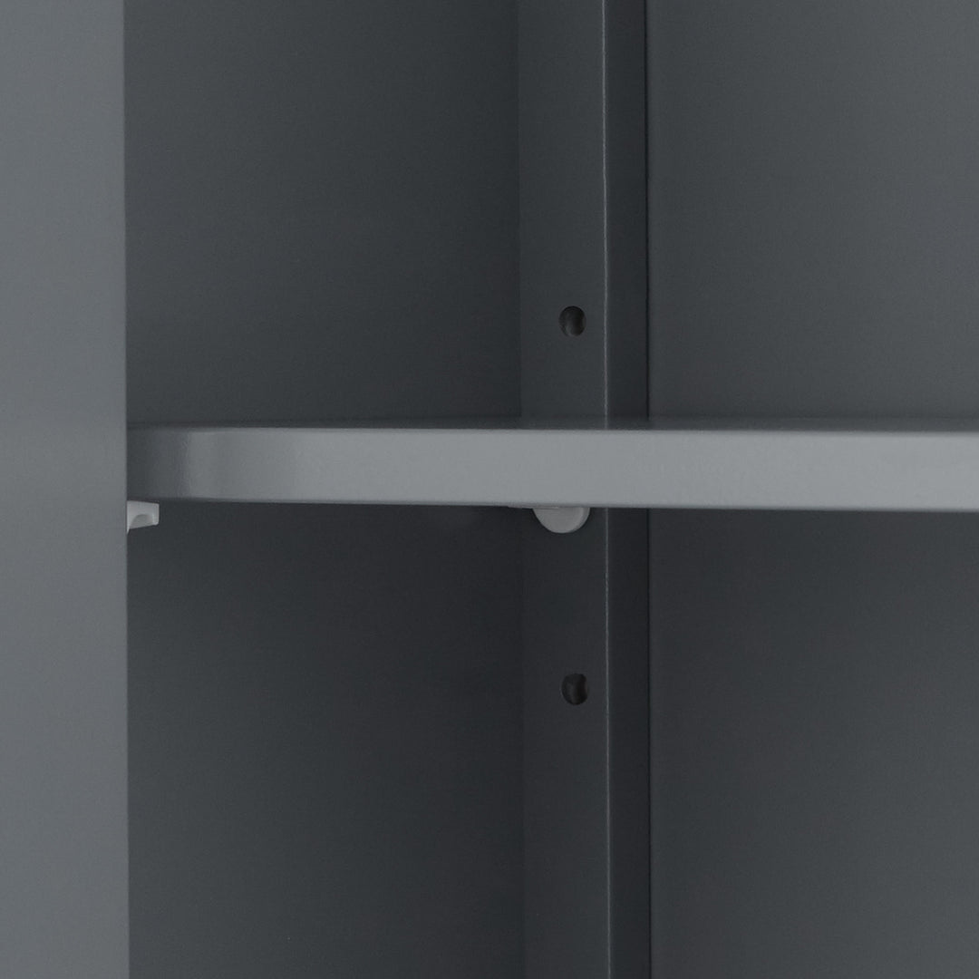 Close-up inside the gray Mercer cabinet's interior shelf and the different heights for adjusting