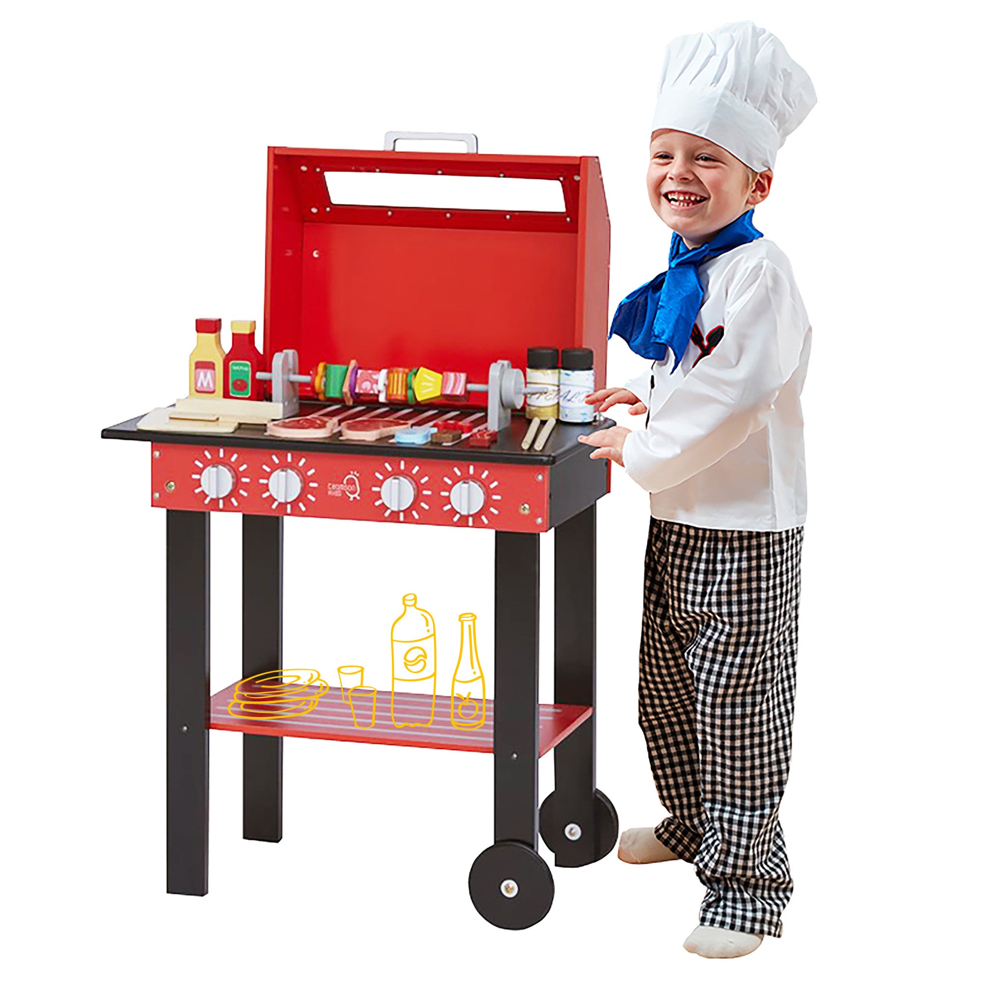 Teamson Kids Little Helper Wooden Backyard BBQ Grill Playset with 26 Cooking Accessories, Red/Black