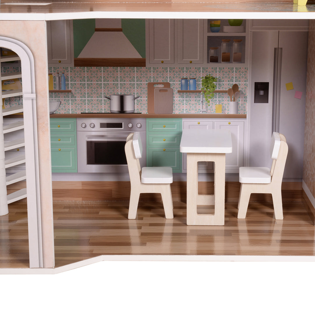 A close-up of the illustrated with detail kitchen with a table and two chairs.