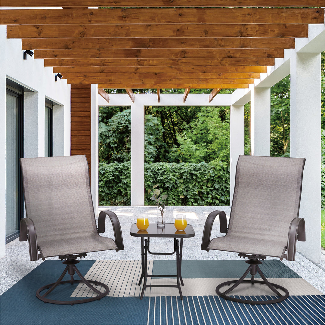 Teamson Home Outdoor 3-Piece Swivel Chairs and Table, Tan underneath a pergola patio