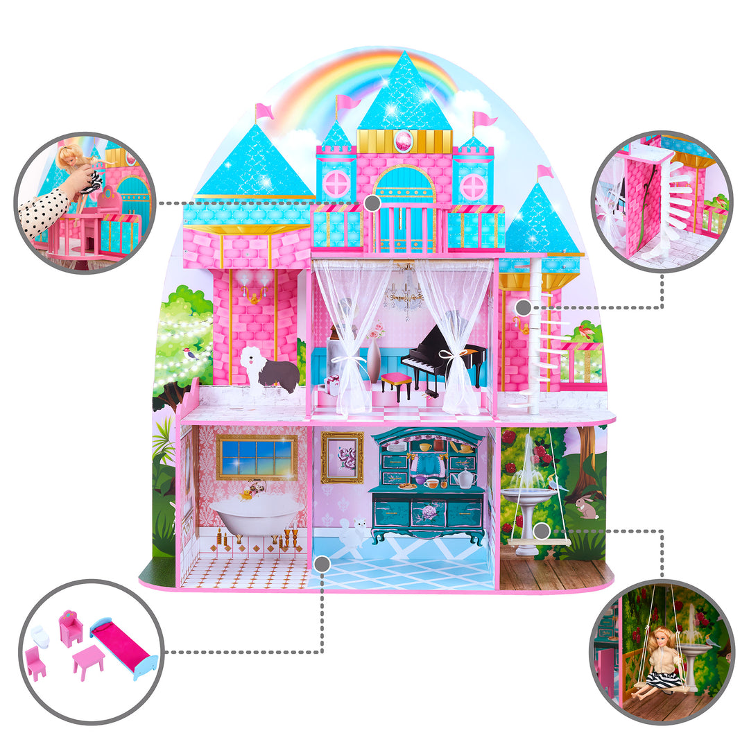 Callout features of the castle dollhouse: a close-up of the balcony, a spiral staircase, a doll on a swing, and a close-up of the accessories included.