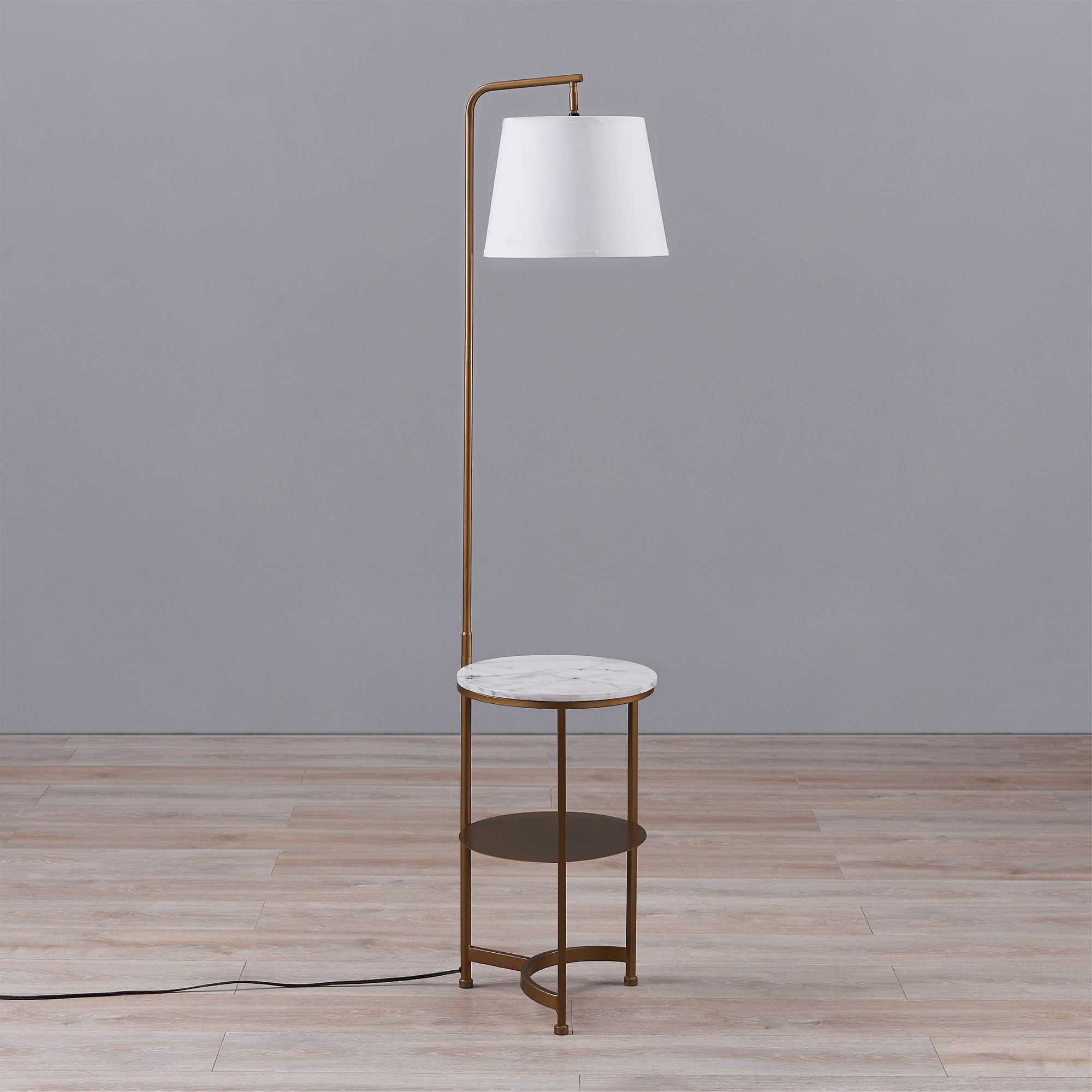 Teamson Home Lilah Floor Lamp with Faux Marble Tray Table and Built-In USB Port, White/Brass