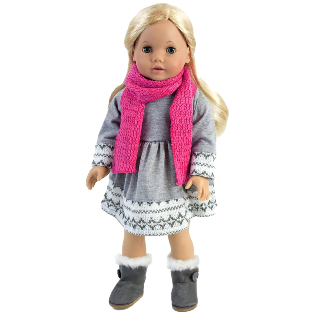 A blonde 18" doll in a gray dress with a pink scarf and gray boots.