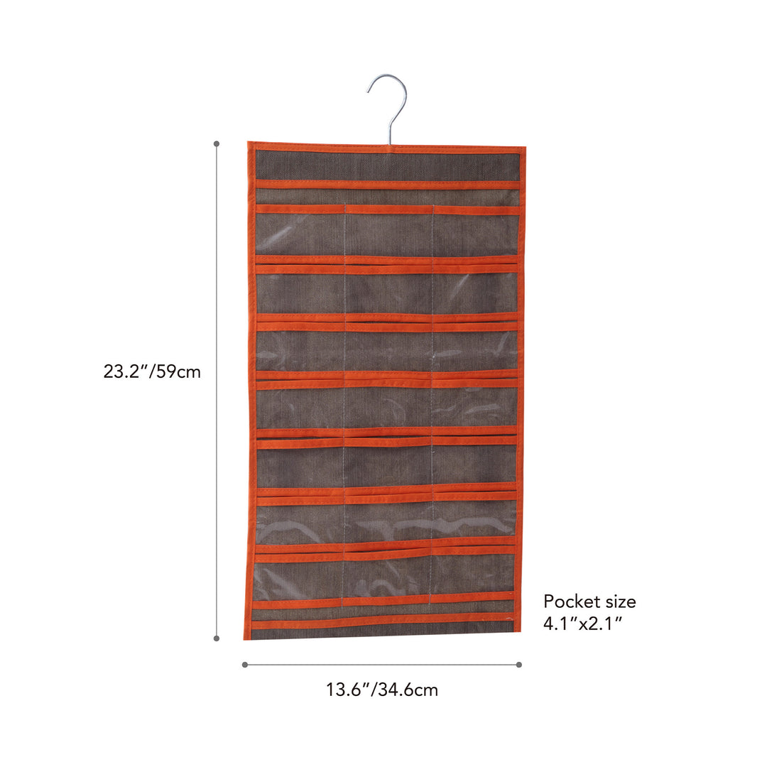 Teamson Home 21-Pocket Hanging Jewelry Organizer, Gray with Orange Trim with dimensions in inches and centimeters