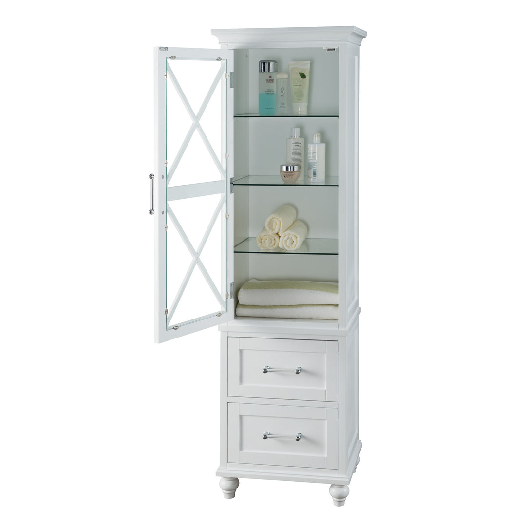 Teamson Home Blue Ridge Wooden Linen Tower Cabinet with Adjustable Shelves, White durable design bathroom cabinet with open door revealing adjustable storage shelves and drawers, stocked with towels and toiletries.