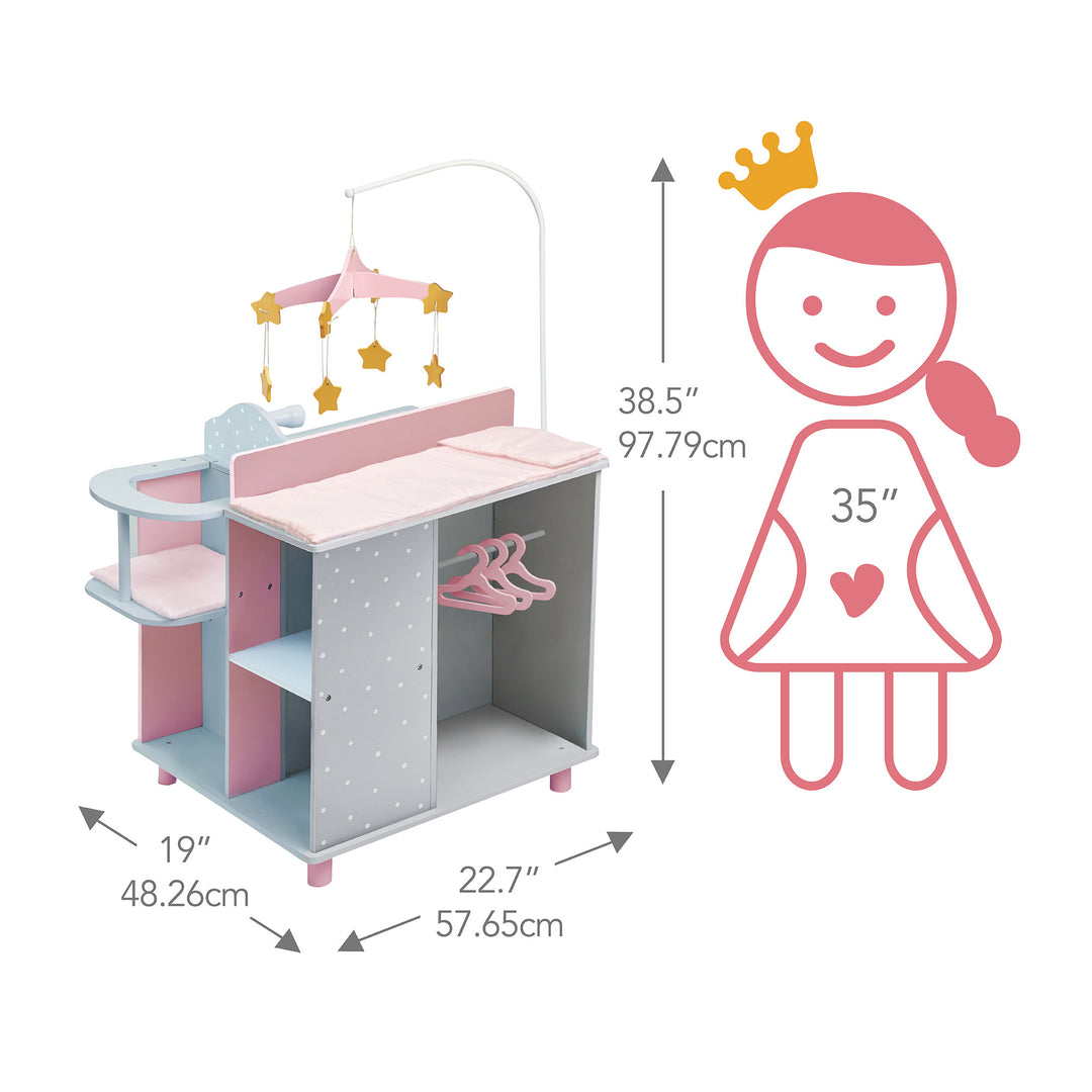 Dimensions in inches and centimeters of a baby doll changing station and a graphic of a little girl 35" tall.