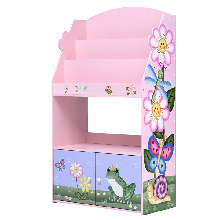 A Fantasy Fields Magic Garden Kids 3-Tier Wooden Bookshelf with Storage, Multicolor with frogs and flowers on it, perfect for kids' storage.