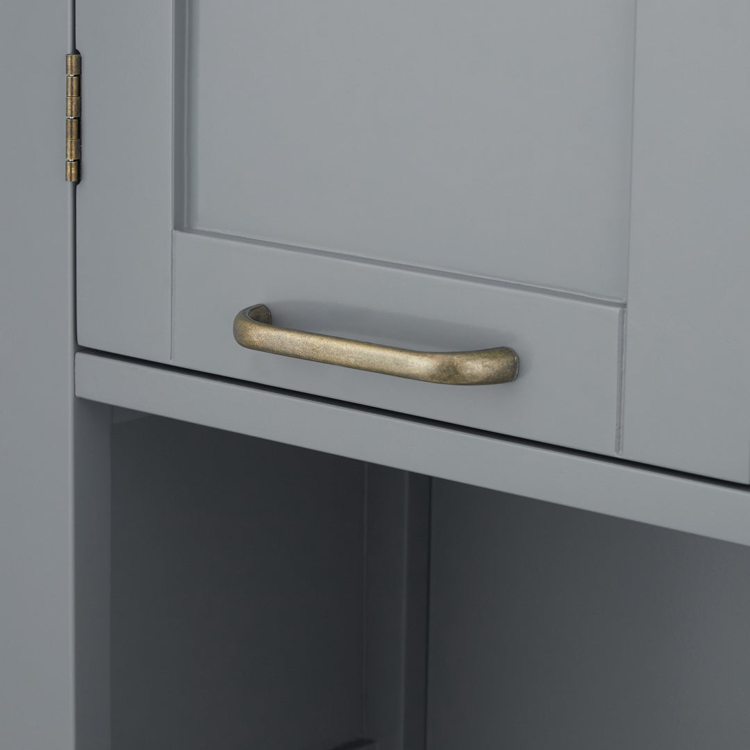 Close-up of the brass pull handles and hardware on the Gray Teamson Home Mercer Over-the-Toilet Cabinet with open shelving