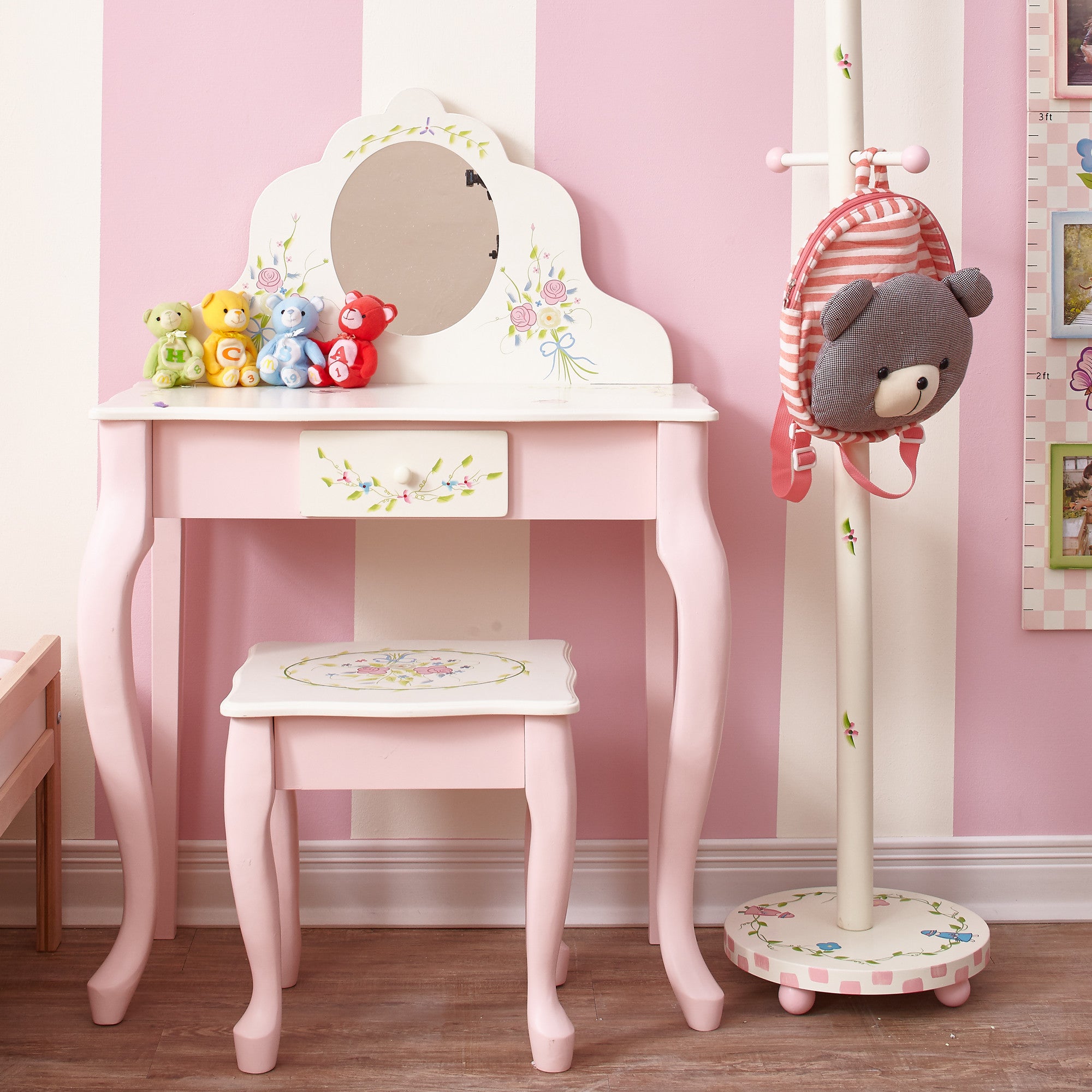 Fantasy Fields Kids Furniture Play Vanity Table and Stool, Pink/White
