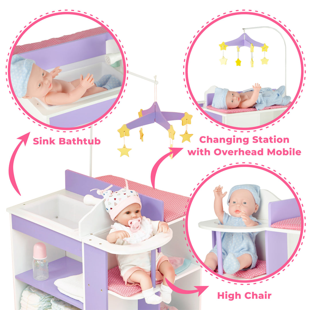 An infographic calling out the sink bathtub, the changing station with overhead mobile, and the high chair featuring a baby doll dressed in blue in all three situations.