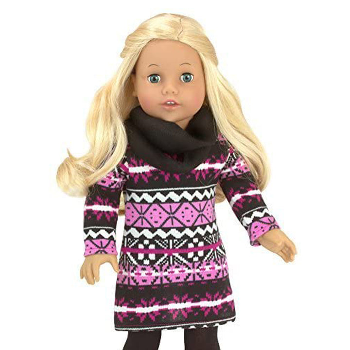 A blonde 18" doll with blue eyes dressed in a A pink, black, and white fair isle tunic, black leggings, and black infinity scarf.