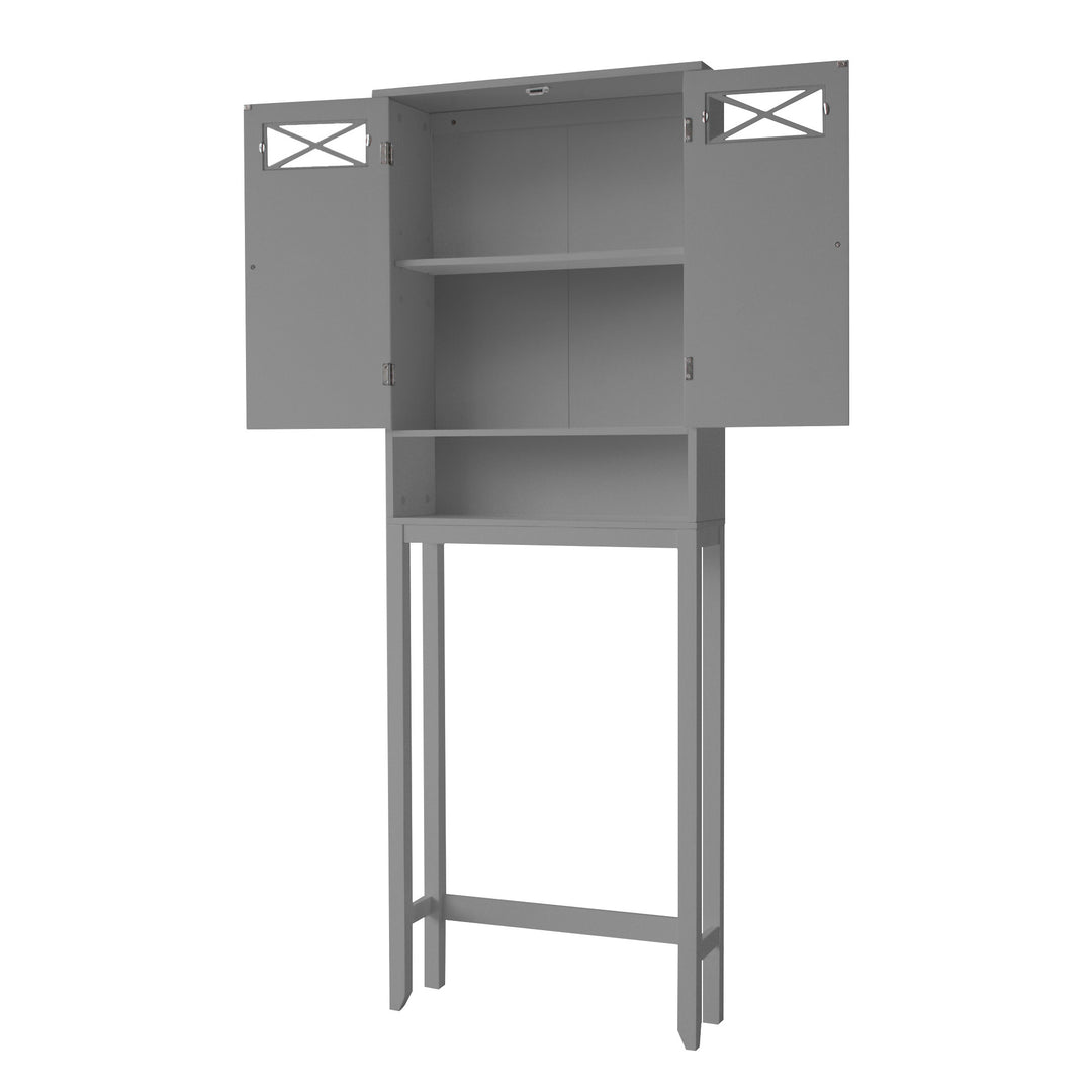 Gray Teamson Home Dawson Over the Toilet Storage Cabinet with open lower shelf with the cabinet doors open