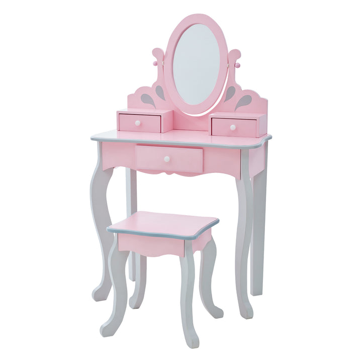 A kid's vanity table with a matching stool and an oval mirror in pink and gray.