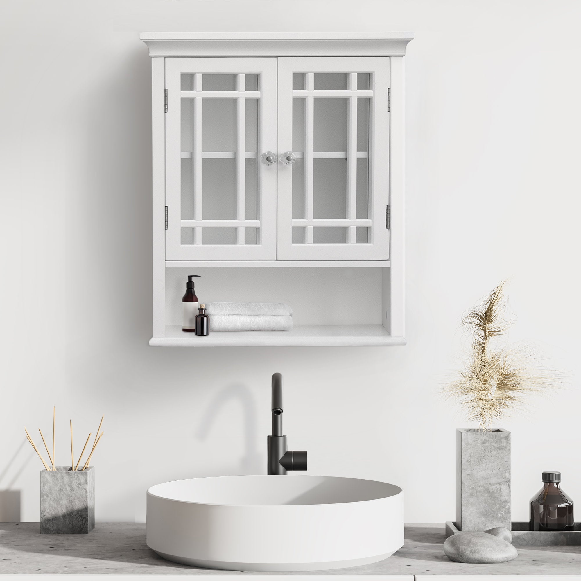 Teamson Home Neal Removable Wooden Wall Cabinet with 2 Glass Doors, White