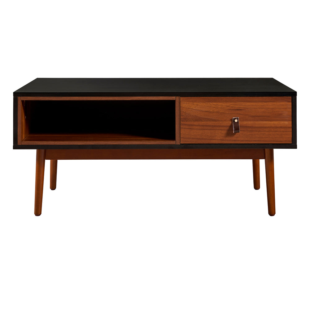 An eco-friendly Teamson Home Reno coffee table with two drawers in black and walnut.