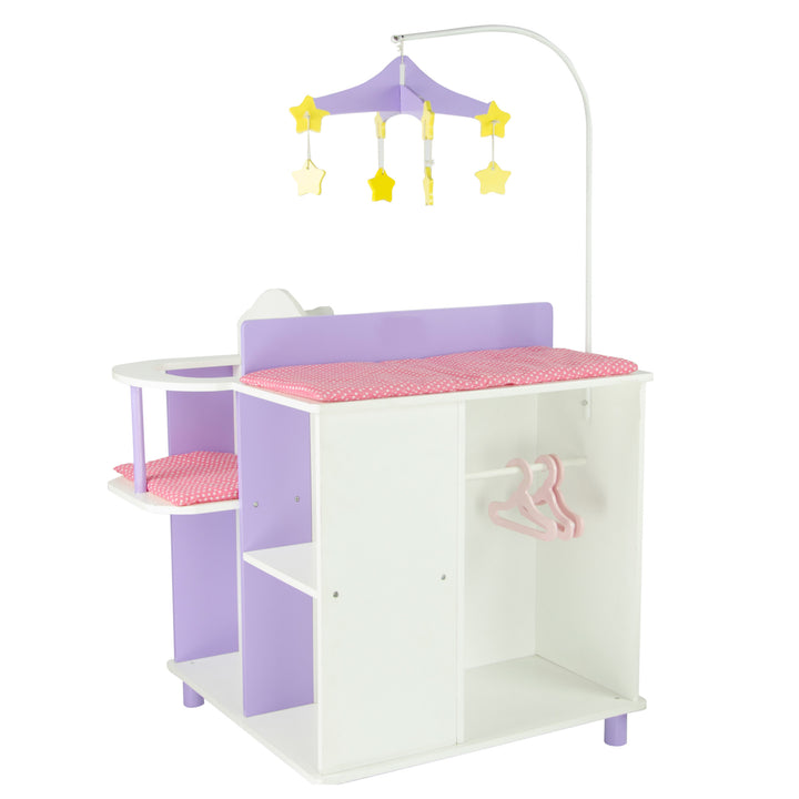 A baby doll changing station in pink, purple, and white with a closet, storage shelves, high chair, mobile, sink, and changing table.
