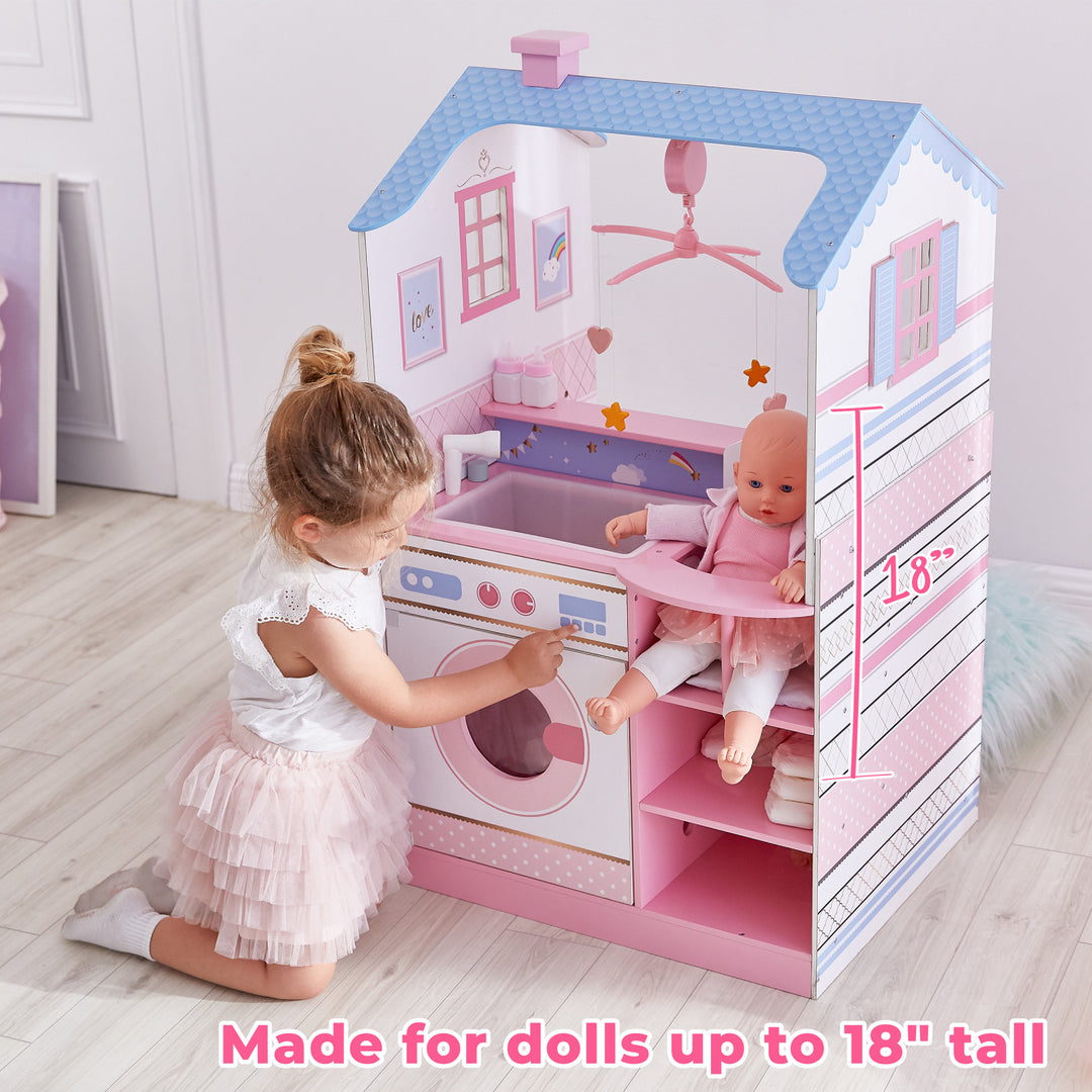 A little girl is playing with Olivia's Little World Baby Doll Changing Station Dollhouse with the caption "Made for dolls up to 18" tall"